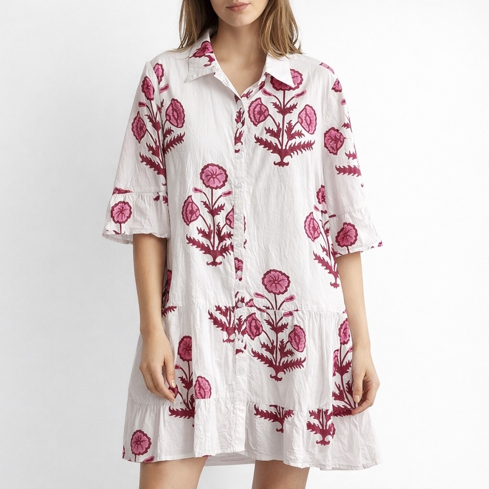 Victoria Dunn Pink Floral Block Print Cotton Tiered Mini Shirt‎ Dress Large